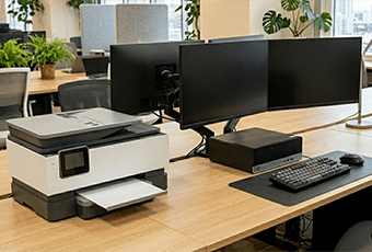 オフィスに設置された複合機とPC周辺機器のセットイメージ