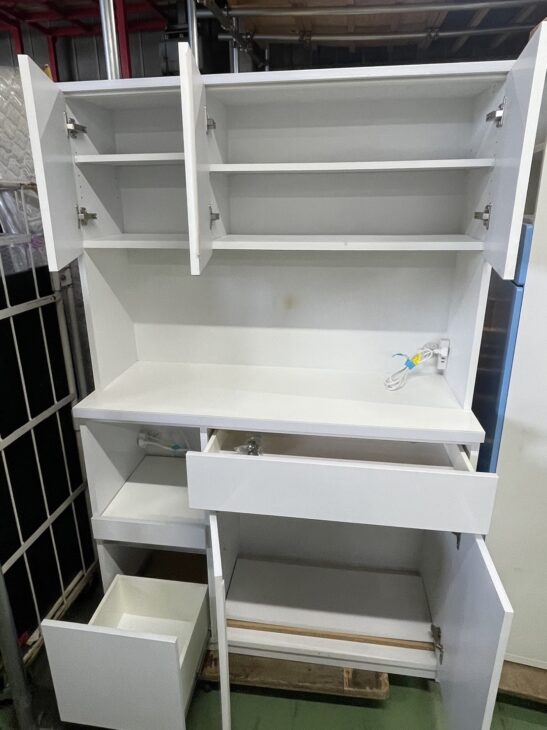 土井インテリヤ キッチンボード 幅90cm ホワイト 白 鏡面 食器棚 レンジボード★買取帝国 志木店 1014050001-08.jpg